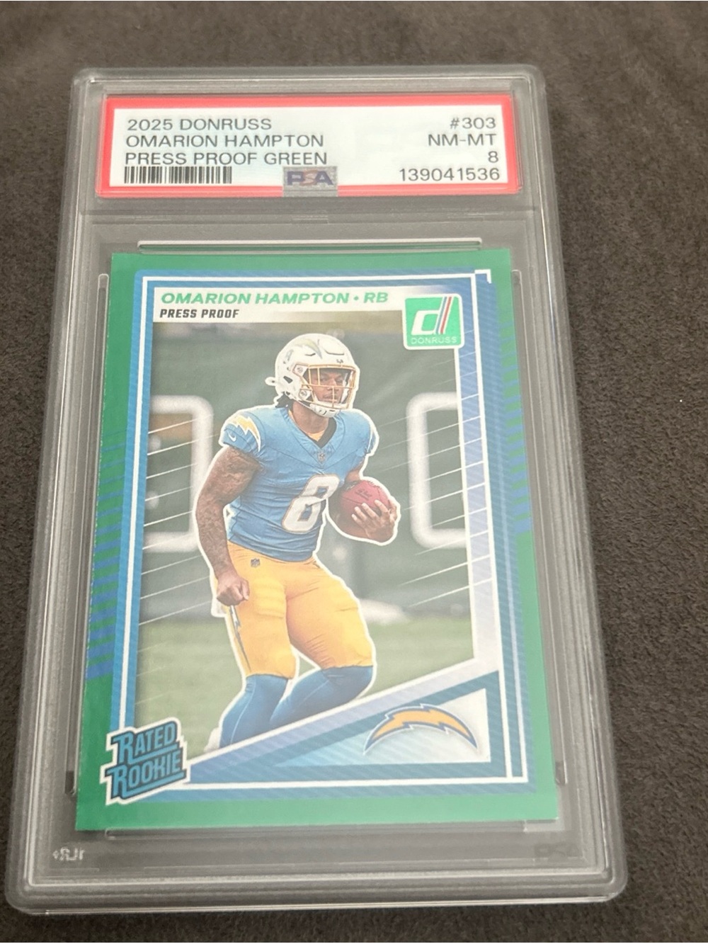 2025 PANINI DONRUSS PRESS PROOF GREEN #303 OMARION HAMPTON ROOKIE RC PSA 8